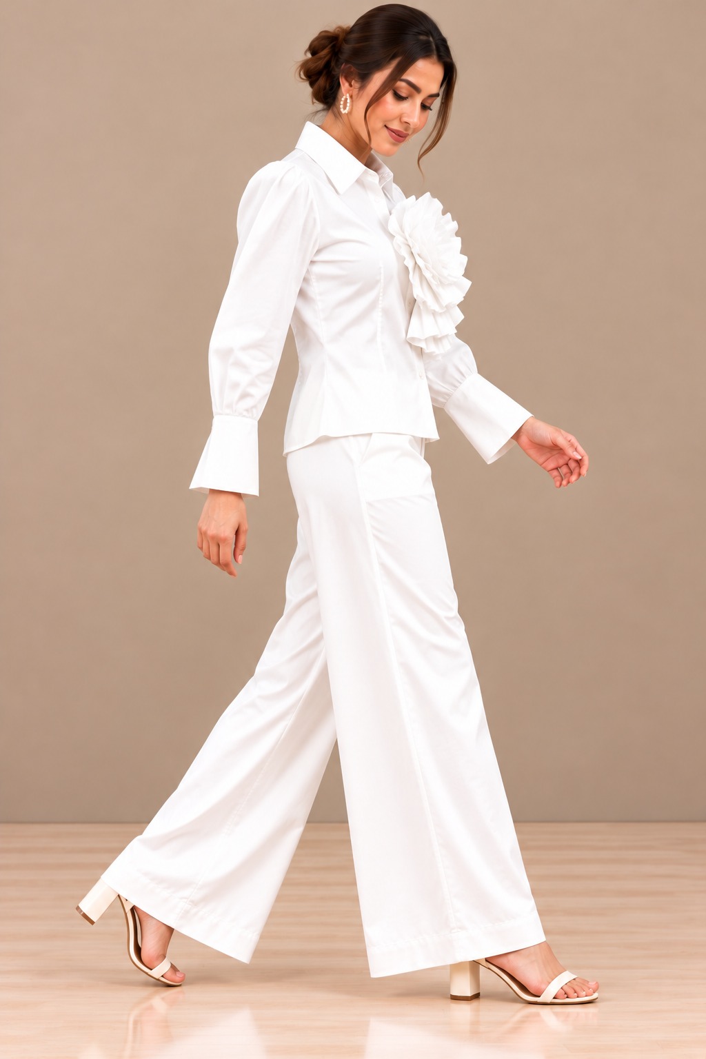 AAVARI Women's White 3D Floral Ruffle Shirt | Elegant Full Sleeve