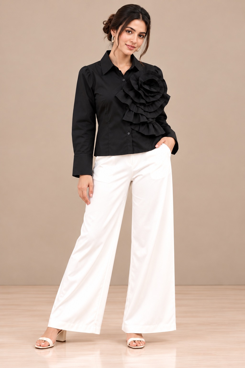 AAVARI Women's Black 3D Floral Ruffle Shirt | Elegant Full Sleeve Button Down Top