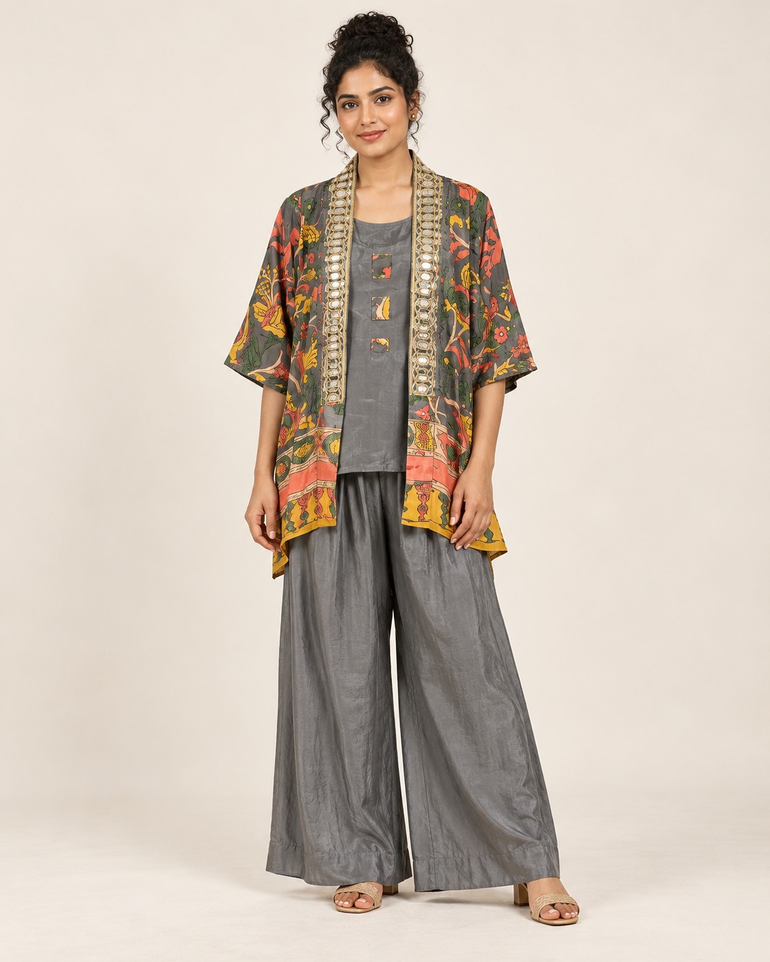 Women’s Grey 2 -Piece Co-ord Set with Kalamkari-Inspired Printed Shrug