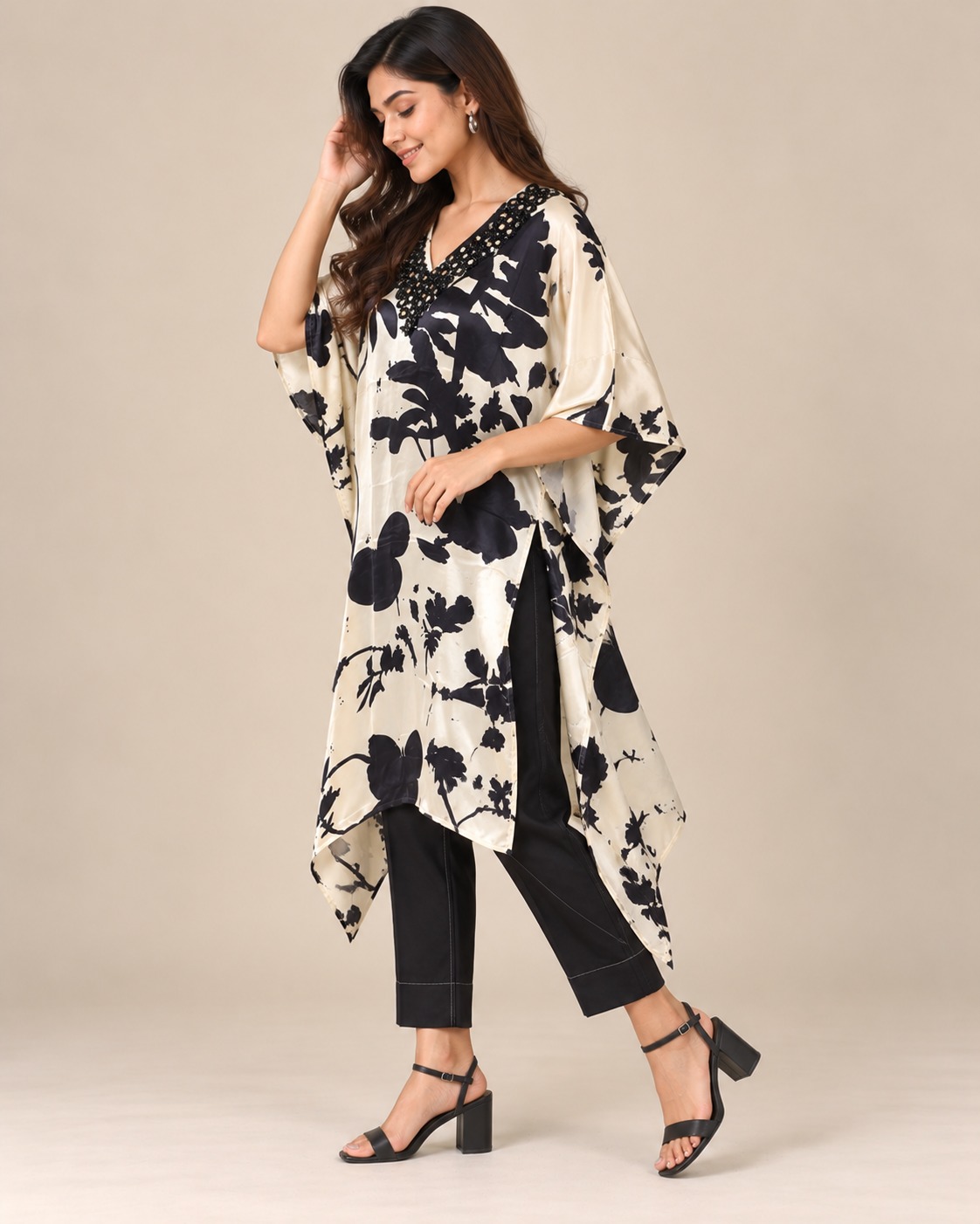 Women’s Cream & Black Floral Printed Kaftan Kurta Set with Embellished V-Neck