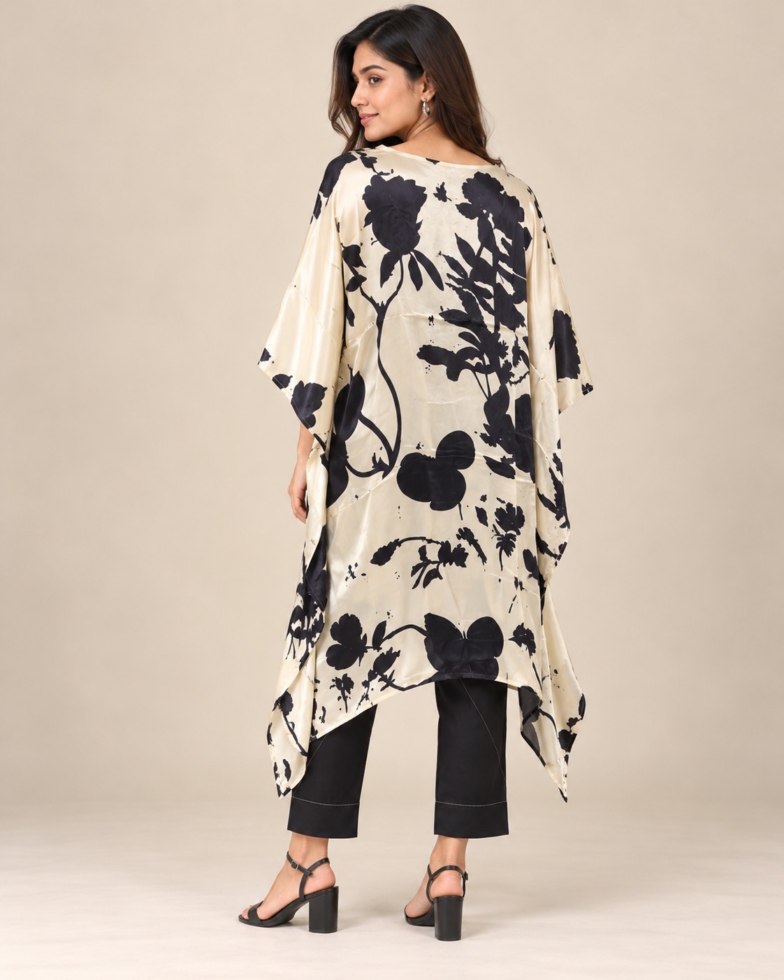 Women’s Cream & Black Floral Printed Kaftan Kurta Set with Embellished V-Neck
