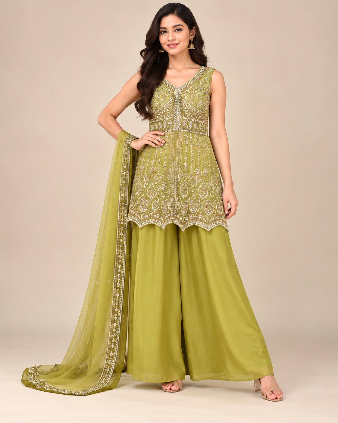AAVARI Women's Olive Green Embroidered Sharara Style Palazzo Suit Set with Dupatta