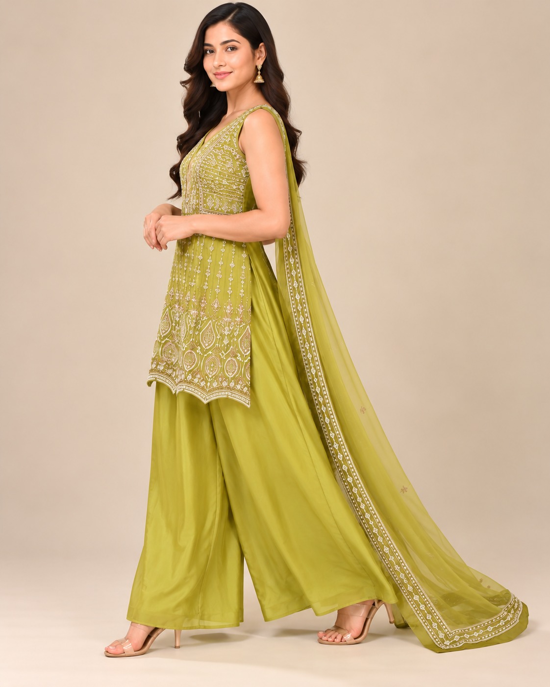 AAVARI Women's Olive Green Embroidered Sharara Style Palazzo Suit Set with Dupatta