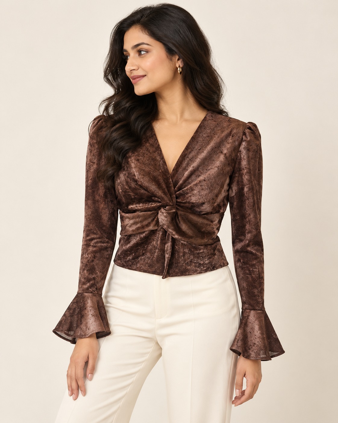 AAVARI Women's Chocolate Brown Velvet-Look Twist Front Top