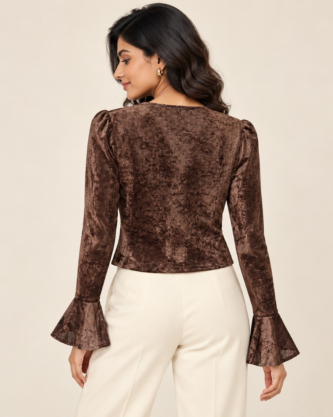 AAVARI Women's Chocolate Brown Velvet-Look Twist Front Top