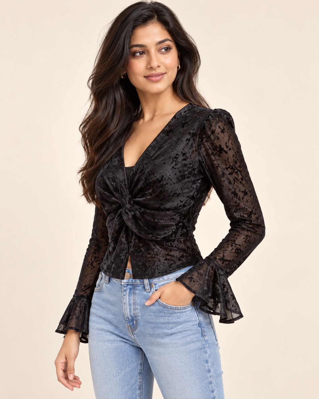 AAVARI Women's Black Velvet-Look Twist Front Top with Sheer Mesh Sleeves
