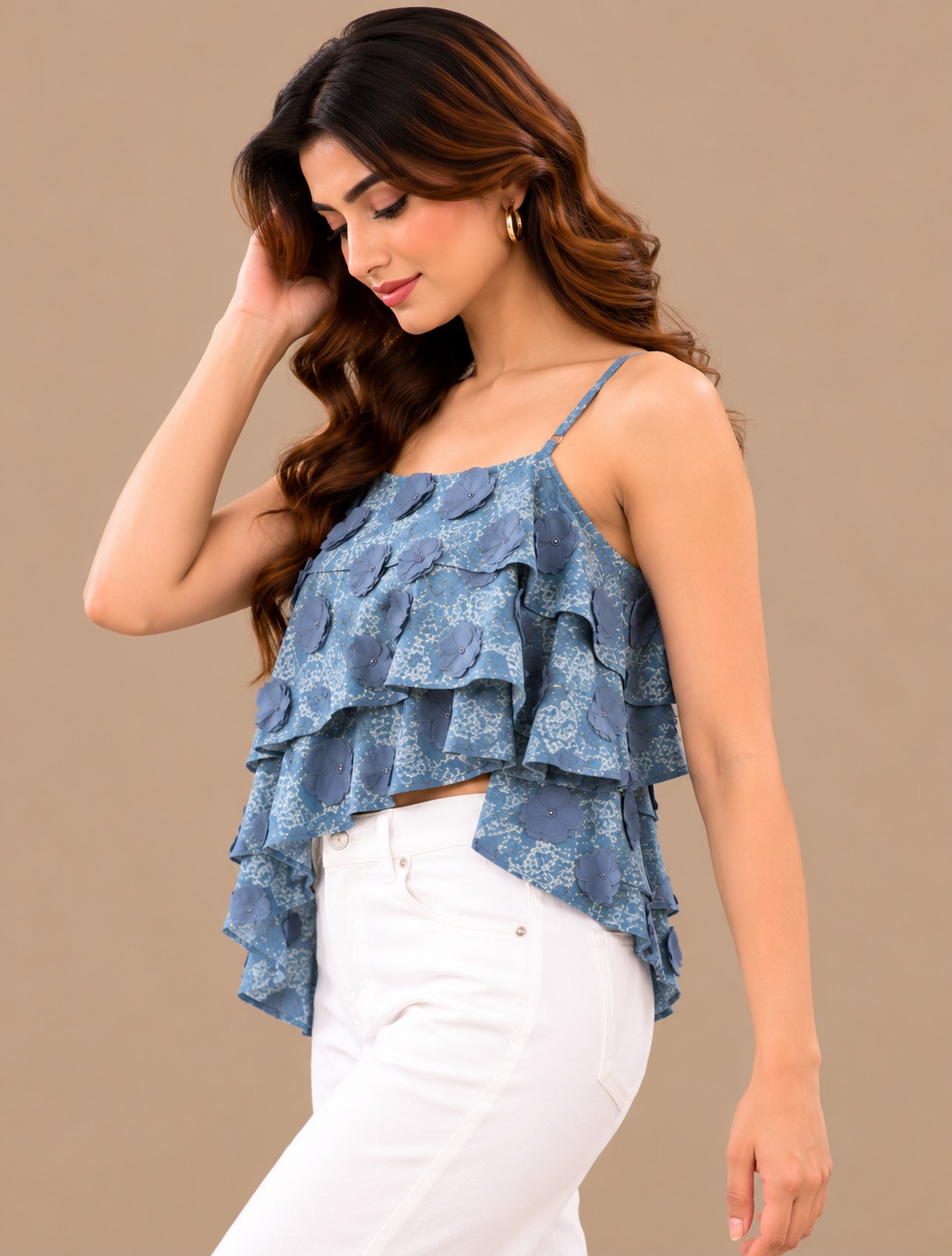 AAVARI Women's Dusty Blue 3D Floral Ruffle Crop Top
