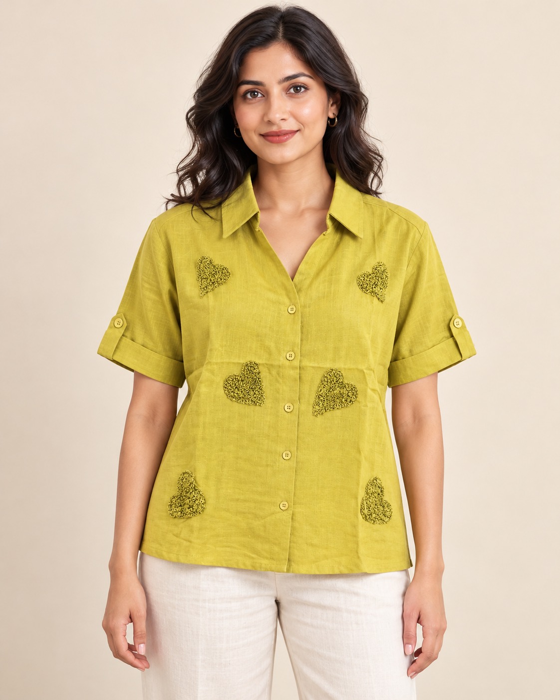 AAVARI Women's Lime Green Heart Embroidered Casual Shirt