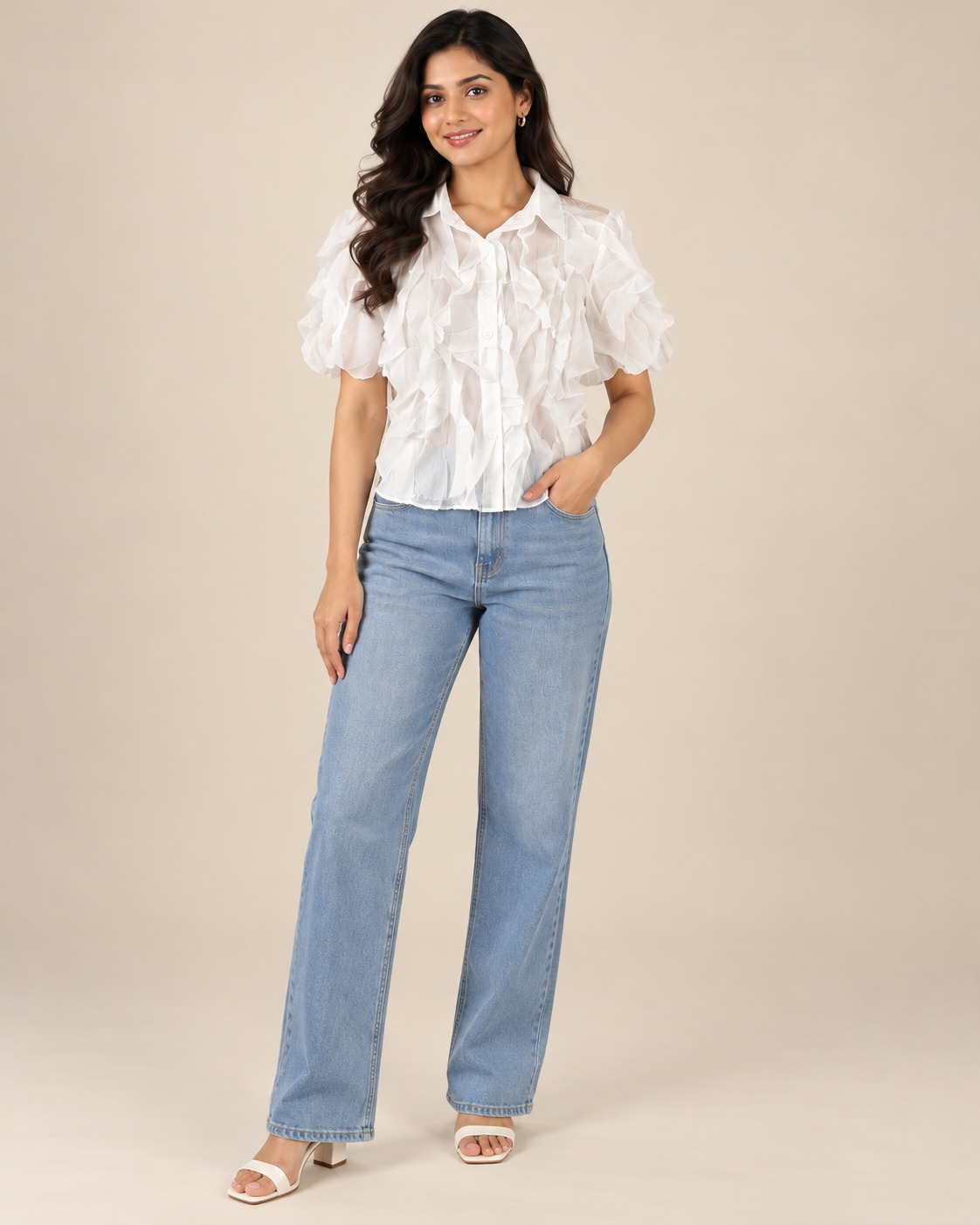 AAVARI Women's White Ruffle Shirt | Short Puff Sleeve Collared Button Down Top