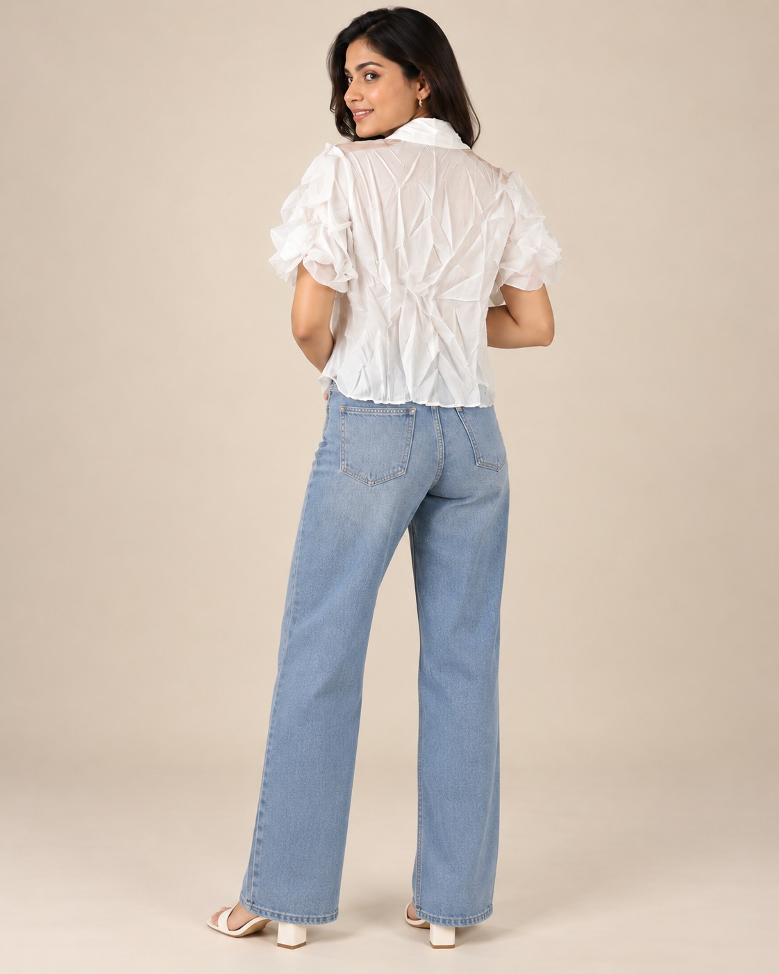 AAVARI Women's White Ruffle Shirt | Short Puff Sleeve Collared Button Down Top