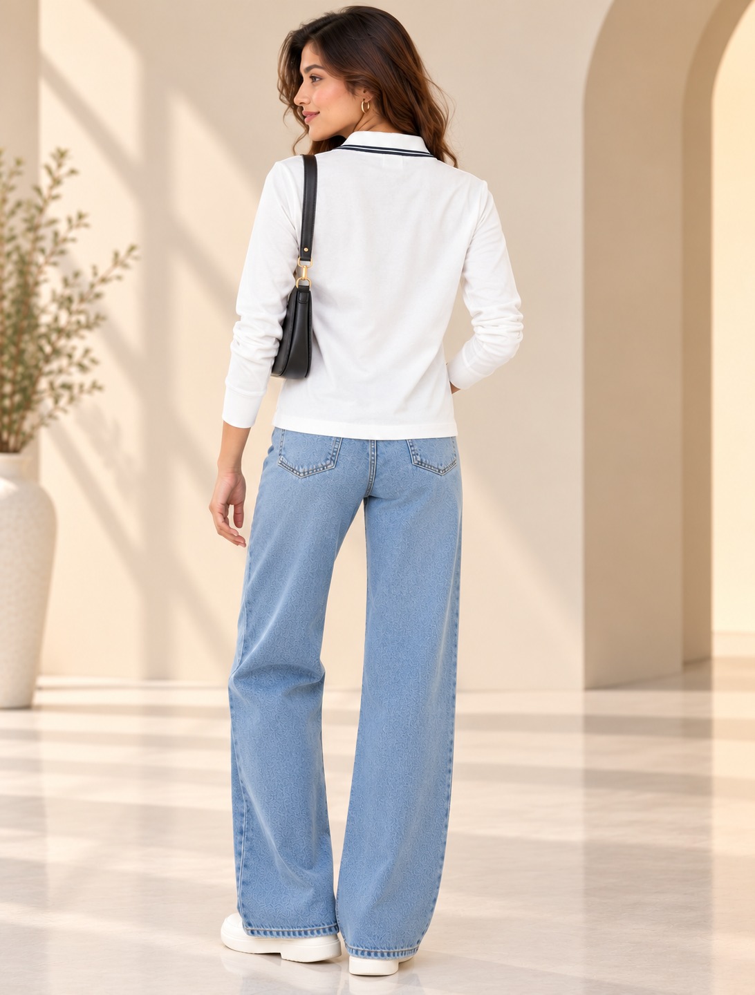 Women's White Long Sleeve Zip Neck Polo T-Shirt with Striped Collar