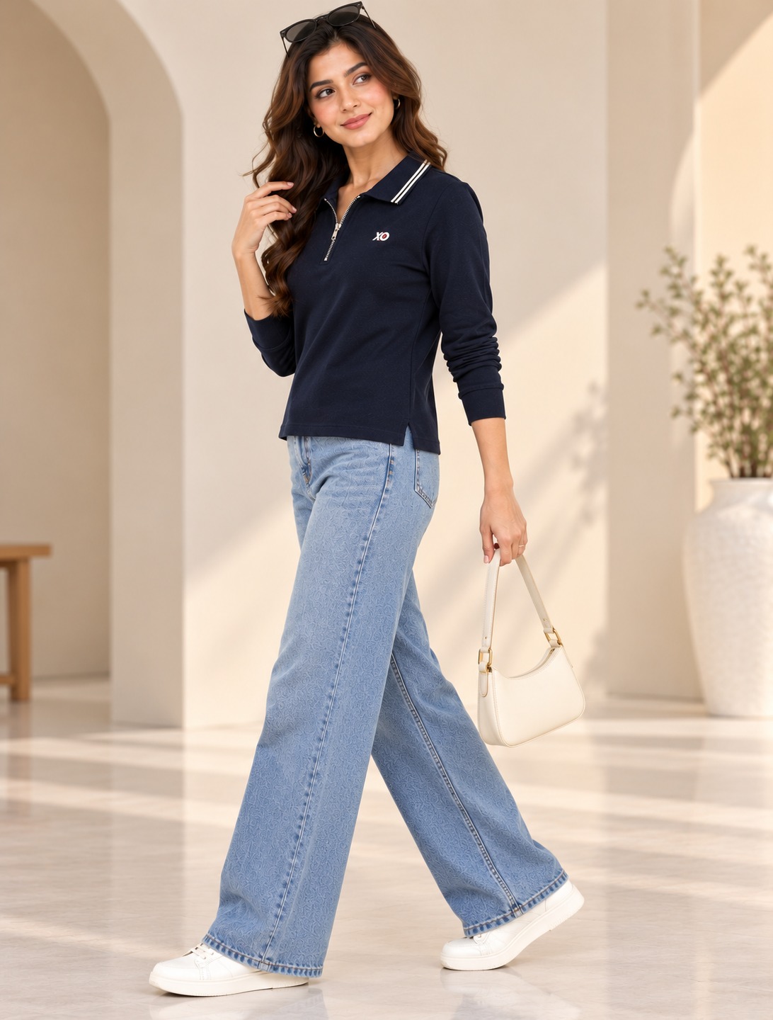 AAVARI Women's Navy Blue Full Sleeve Zip Polo T-Shirt
