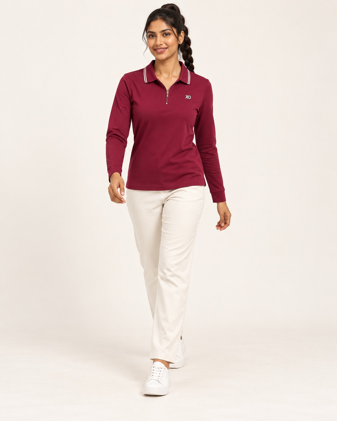 AAVARI Women's Maroon Full Sleeve Half-Zip Polo T-Shirt