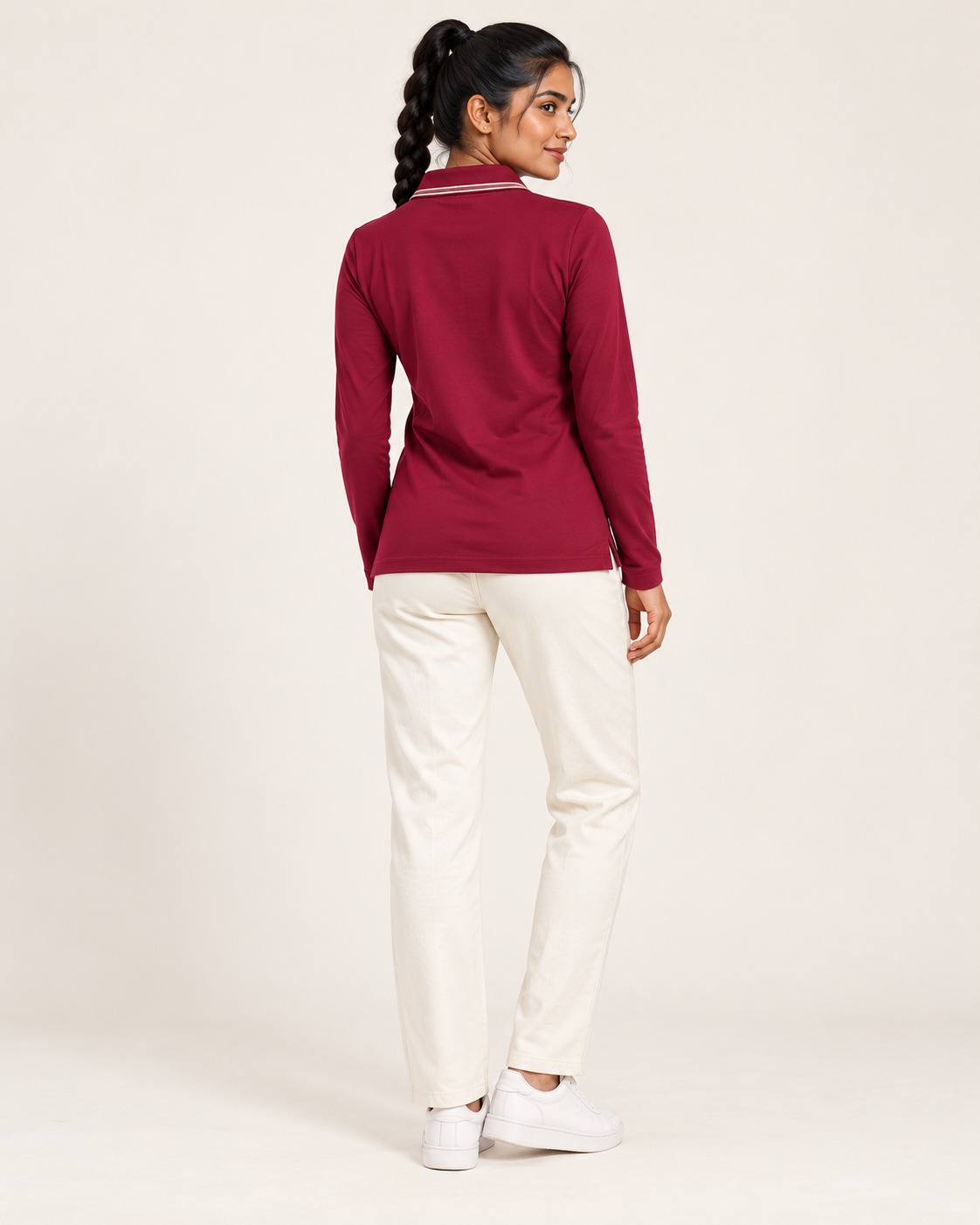 AAVARI Women's Maroon Full Sleeve Half-Zip Polo T-Shirt
