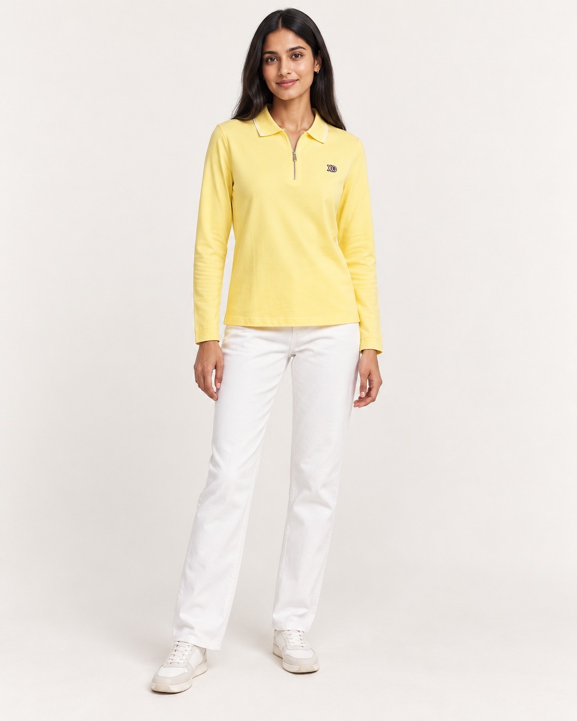 AAVARI Women's Pastel Yellow Full Sleeve Half-Zip Polo T-Shirt