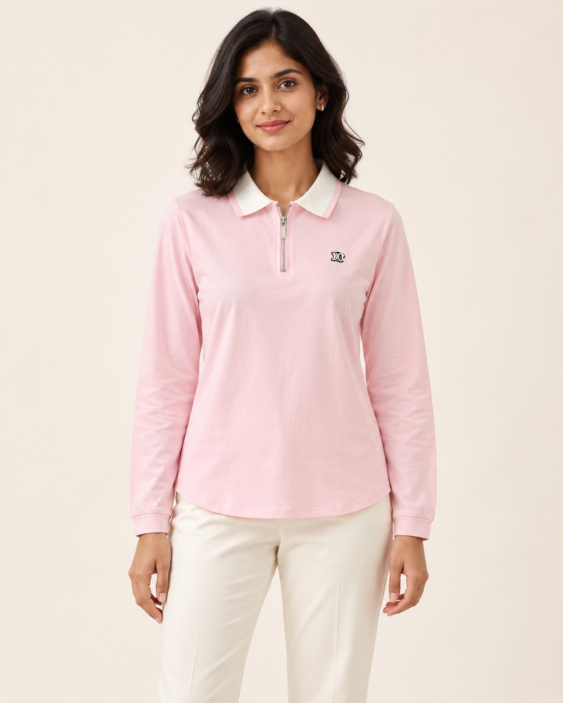 AAVARI Women's Baby Pink Full Sleeve Half-Zip Polo T-Shirt with Contrast Collar