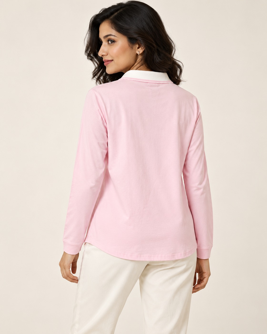 AAVARI Women's Baby Pink Full Sleeve Half-Zip Polo T-Shirt with Contrast Collar