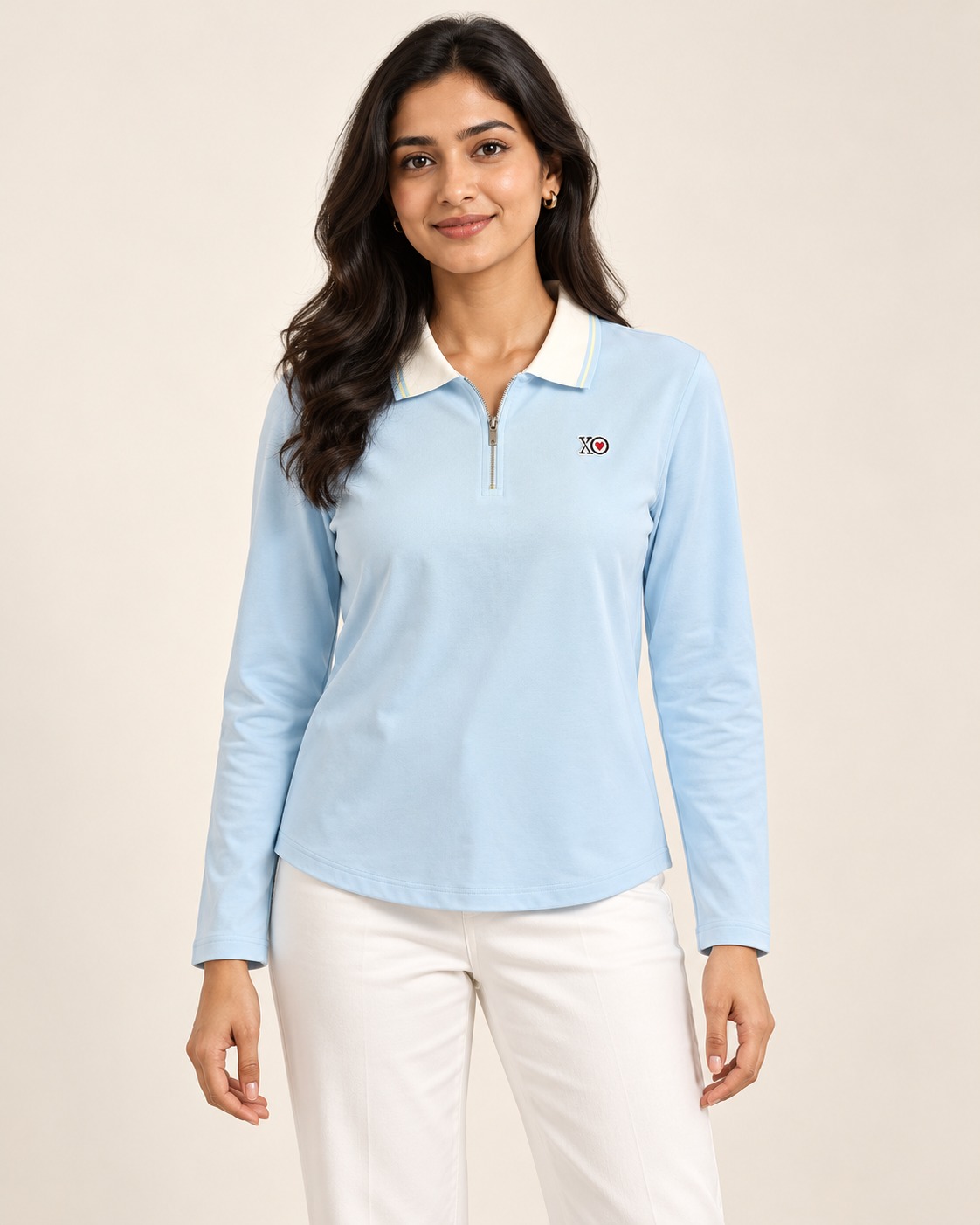 AAVARI Women's Sky Blue Full Sleeve Half-Zip Polo T-Shirt with Contrast Collar