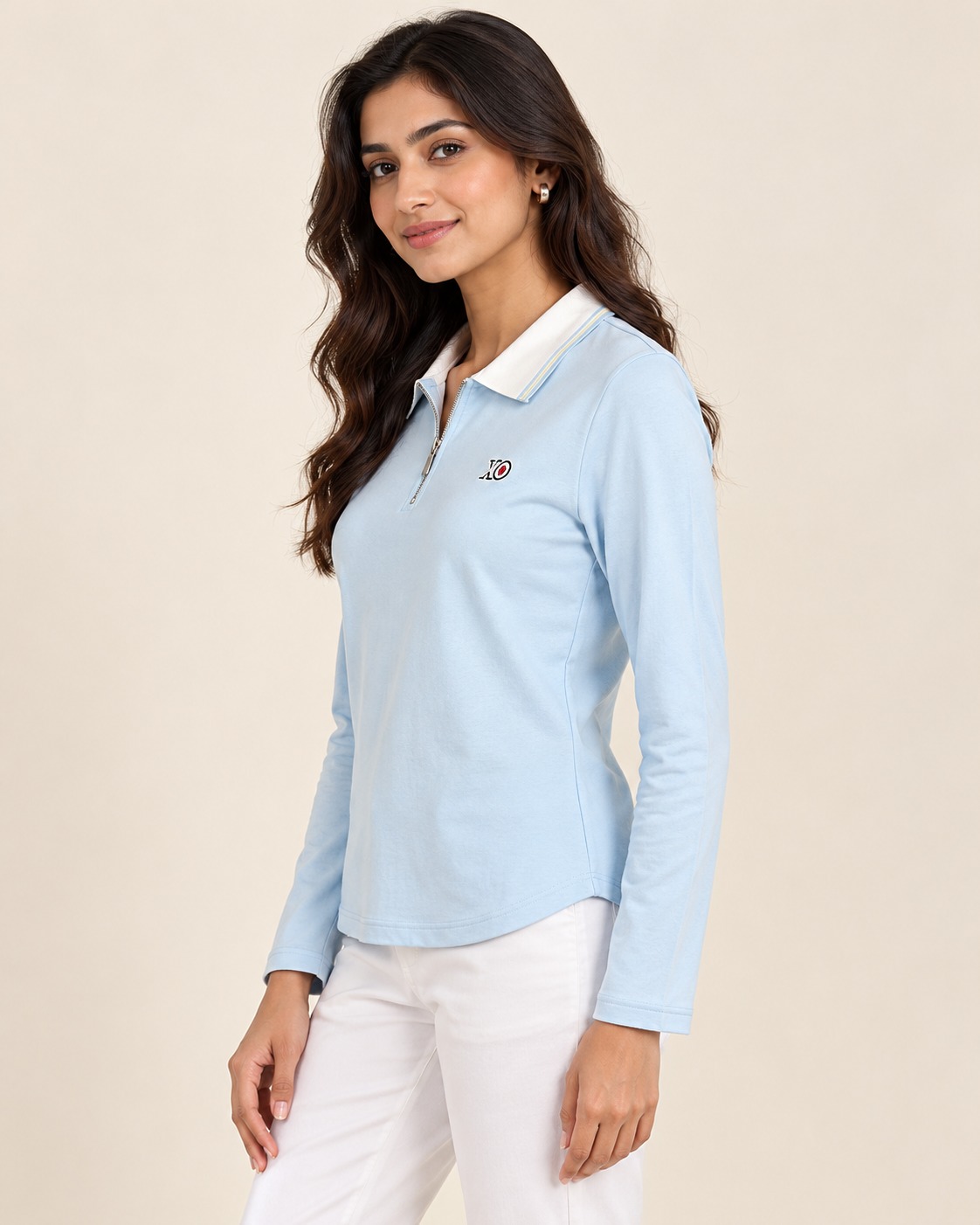 AAVARI Women's Sky Blue Full Sleeve Half-Zip Polo T-Shirt with Contrast Collar