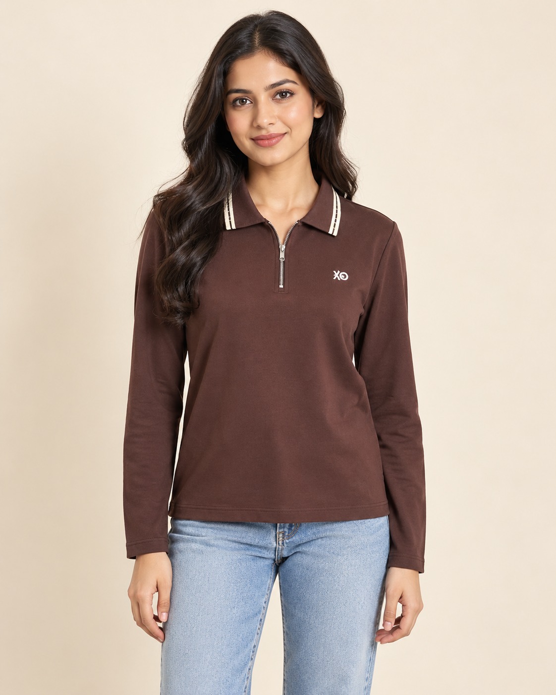AAVARI Women's Chocolate Brown Full Sleeve Half-Zip Polo T-Shirt with Striped Collar