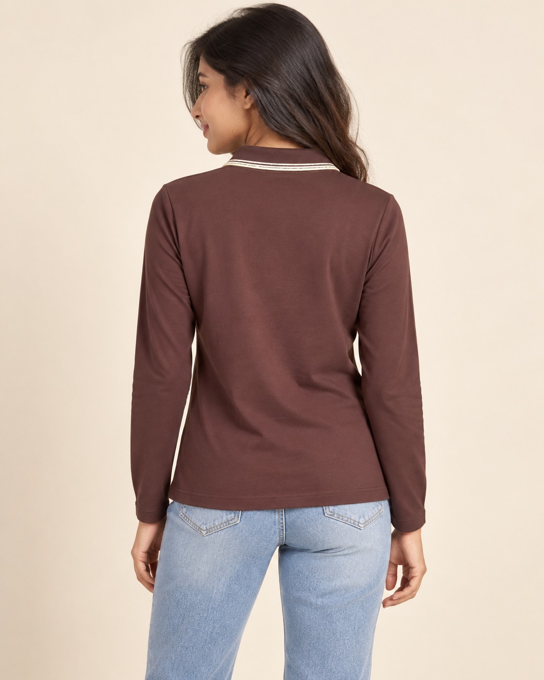 AAVARI Women's Chocolate Brown Full Sleeve Half-Zip Polo T-Shirt with Striped Collar