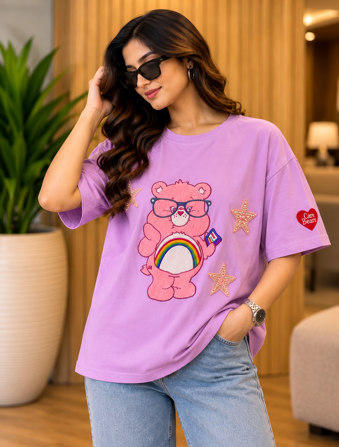 AAVARI Women's Lavender Oversized Care Bears Graphic Printed T-Shirt