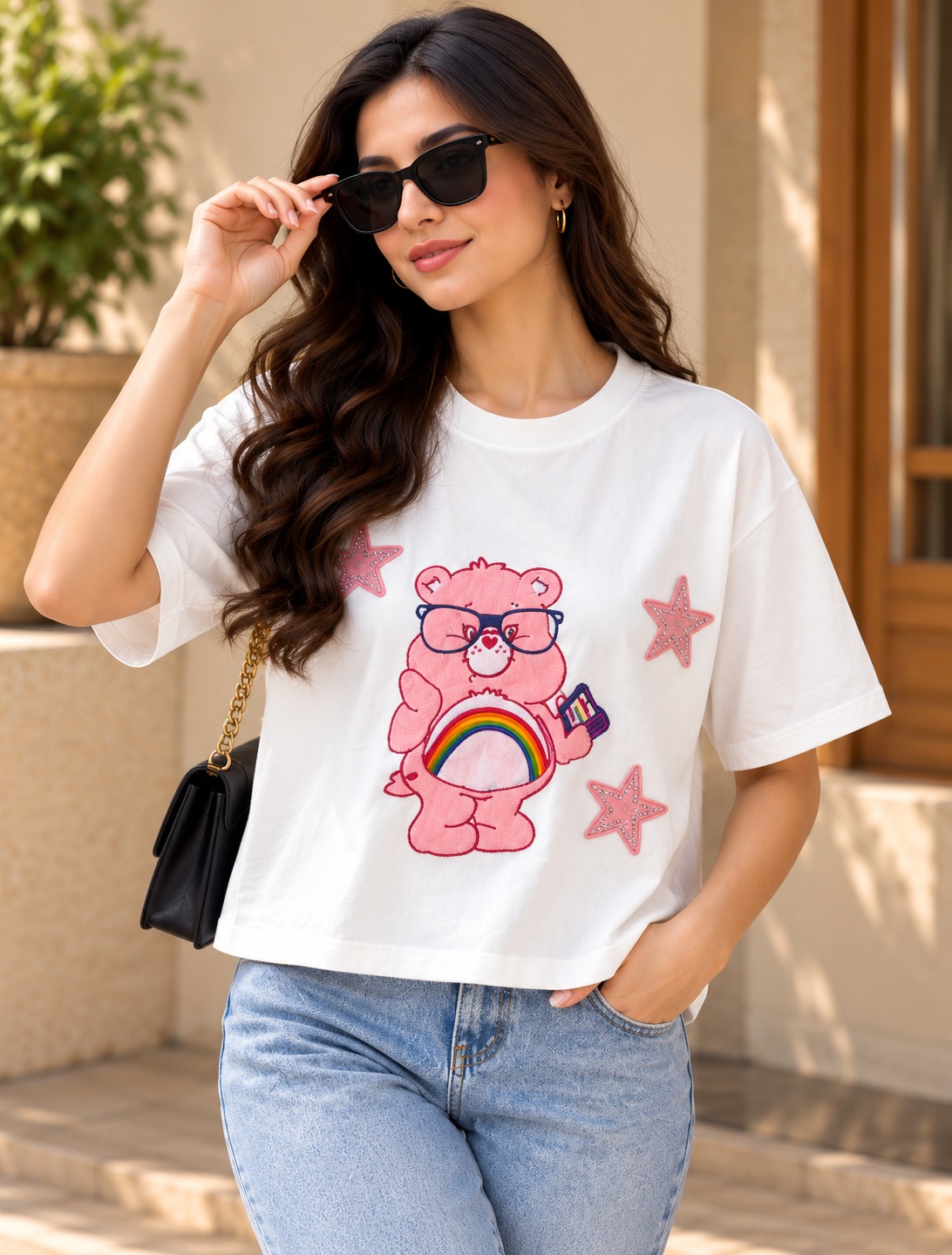AAVARI Women's White Oversized Care Bears Graphic Printed T-Shirt