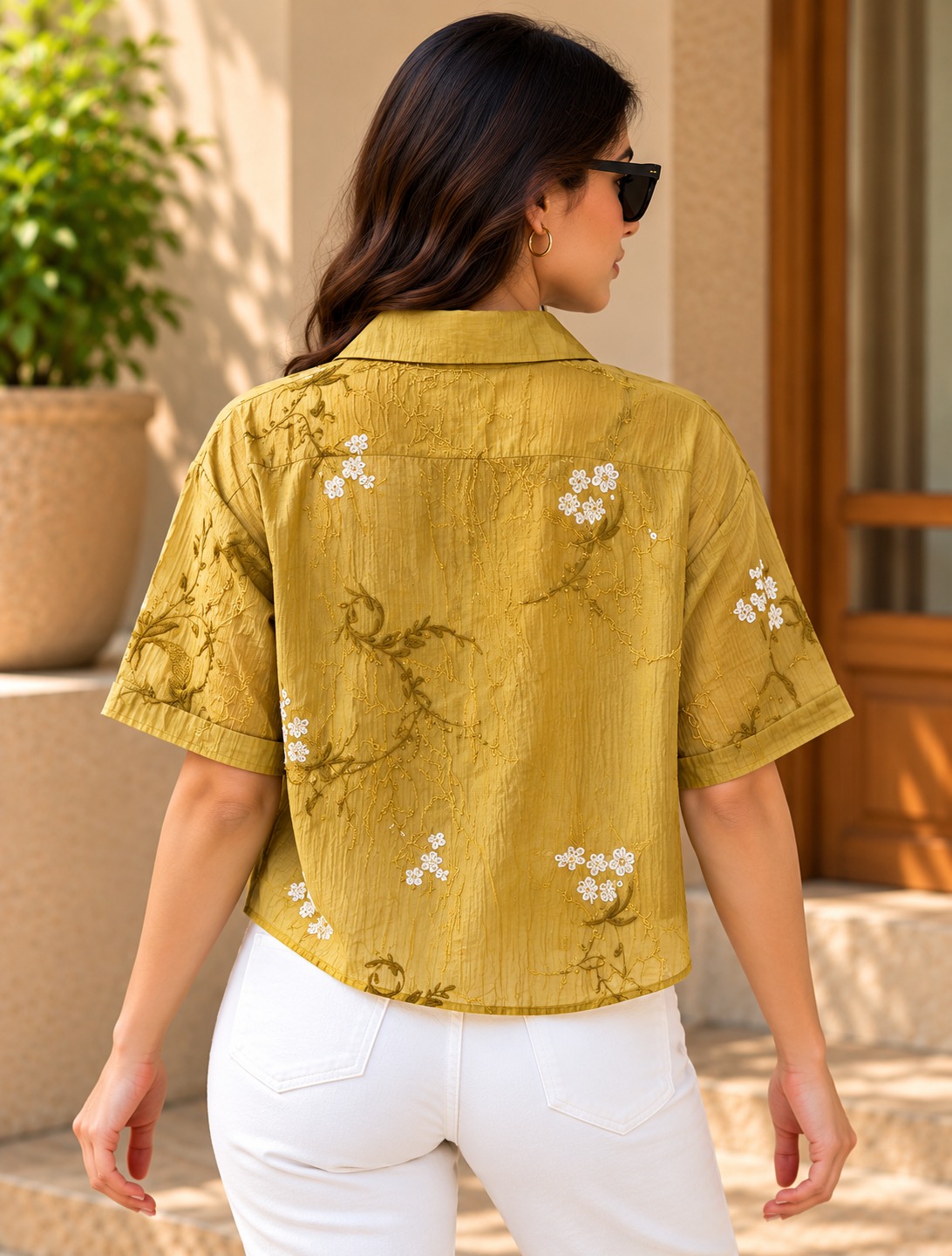 AAVARI Women's Mustard Yellow Floral Embroidered Crop Shirt