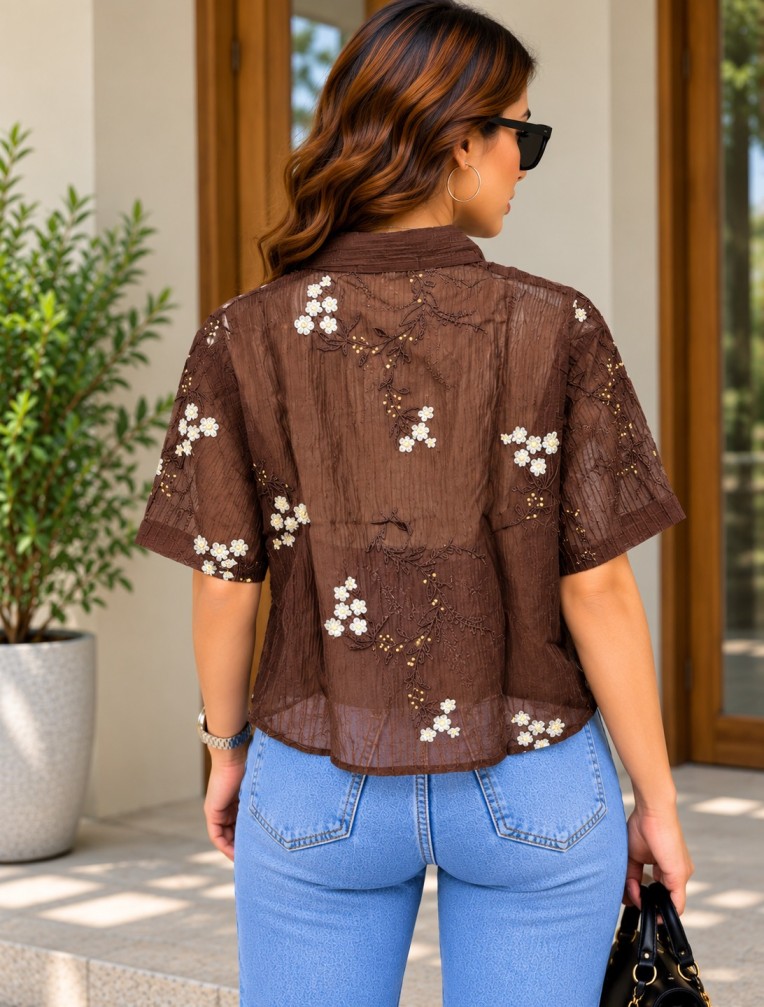 AAVARI Women's Chocolate Brown Floral Embroidered Crop Shirt