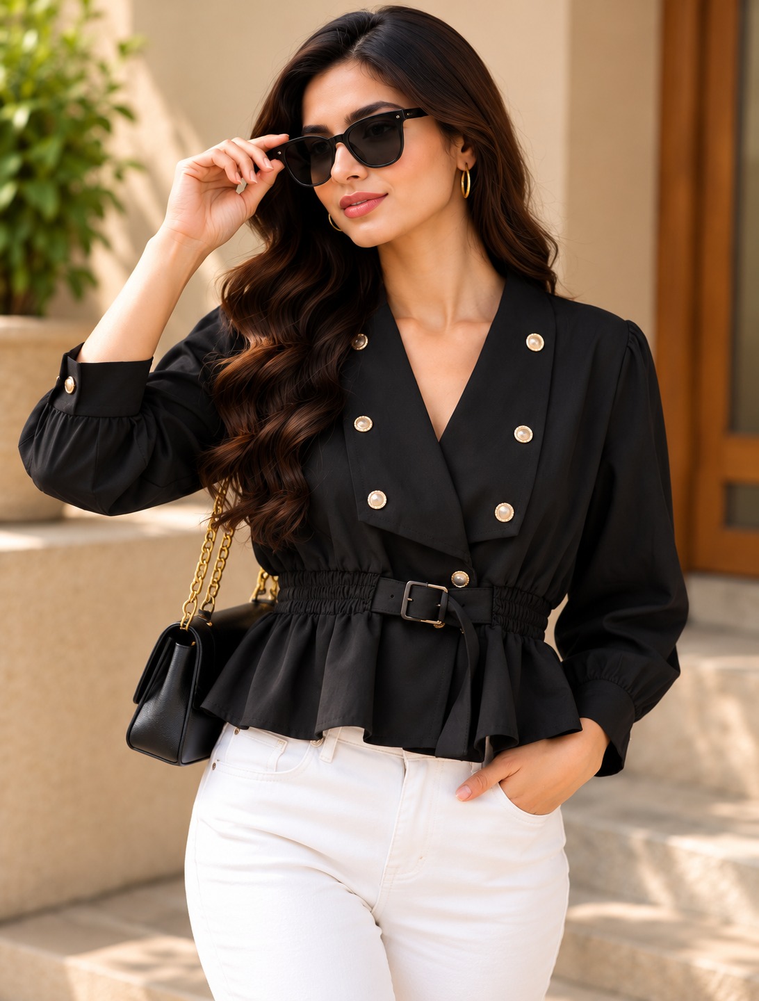 AAVARI Women's Black Double-Breasted Belted Peplum Top