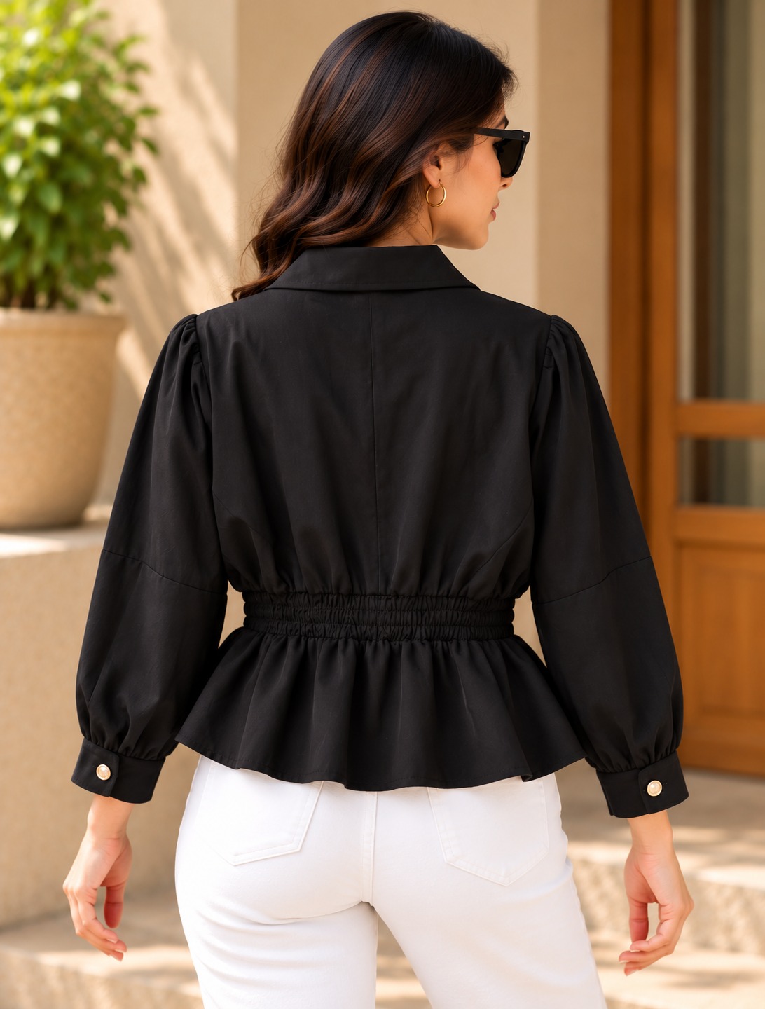 AAVARI Women's Black Double-Breasted Belted Peplum Top