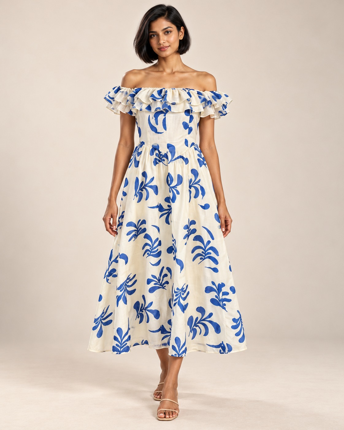 Women's Ivory & Royal Blue Floral Printed Off-Shoulder Ruffle Maxi Dress