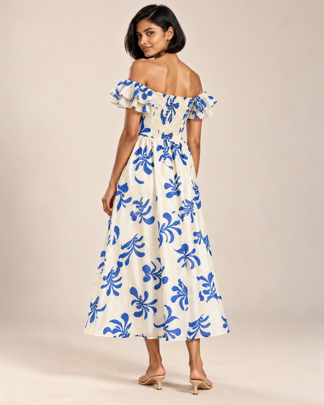 Women's Ivory & Royal Blue Floral Printed Off-Shoulder Ruffle Maxi Dress