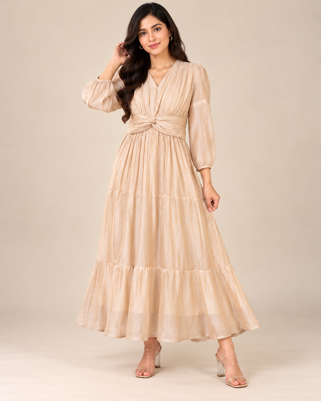 Women's Champagne Beige V-Neck Twisted Waist Tiered Maxi Dress