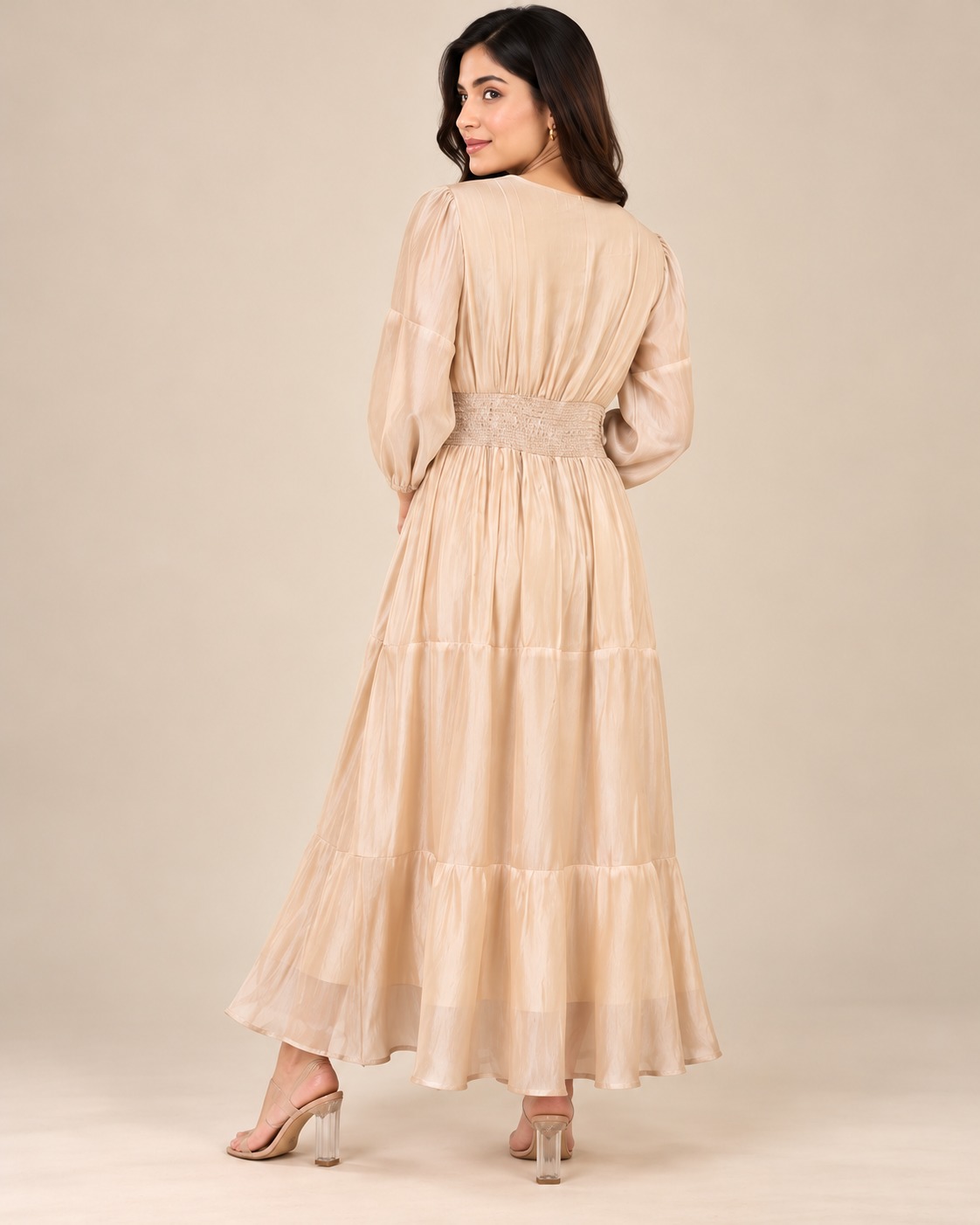 Women's Champagne Beige V-Neck Twisted Waist Tiered Maxi Dress