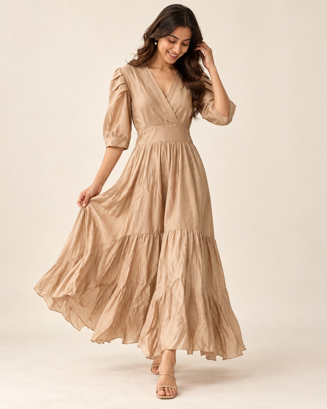 Women's Champagne Beige V-Neck Puff Sleeve Tiered Maxi Dress