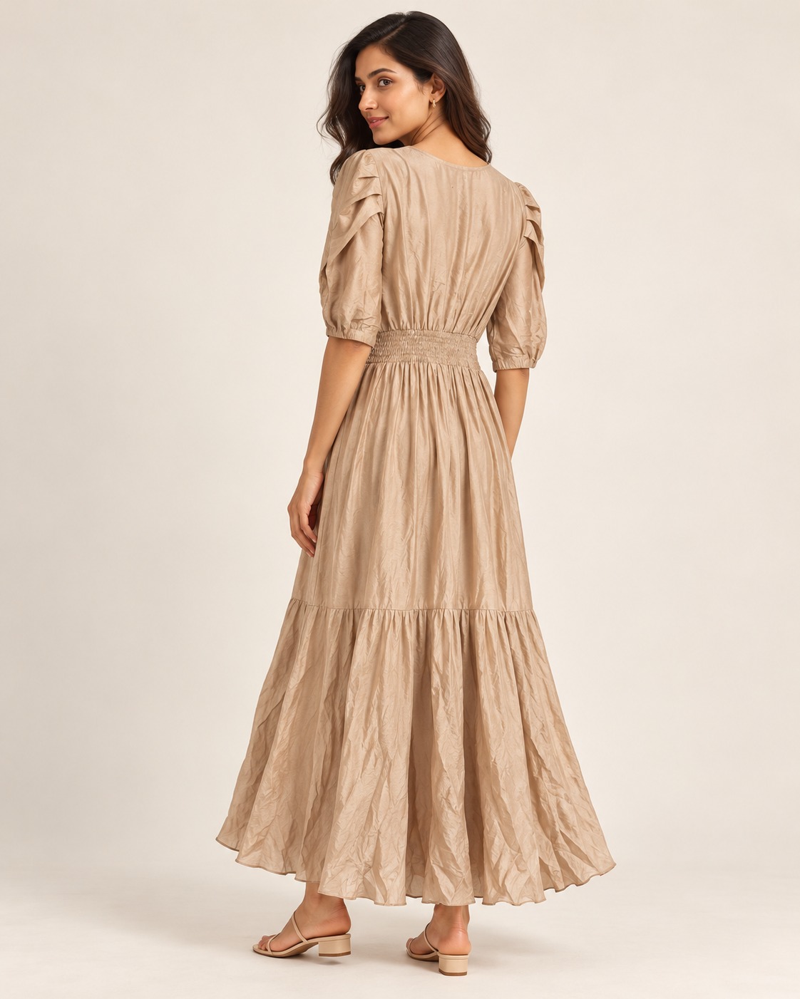 Women's Champagne Beige V-Neck Puff Sleeve Tiered Maxi Dress