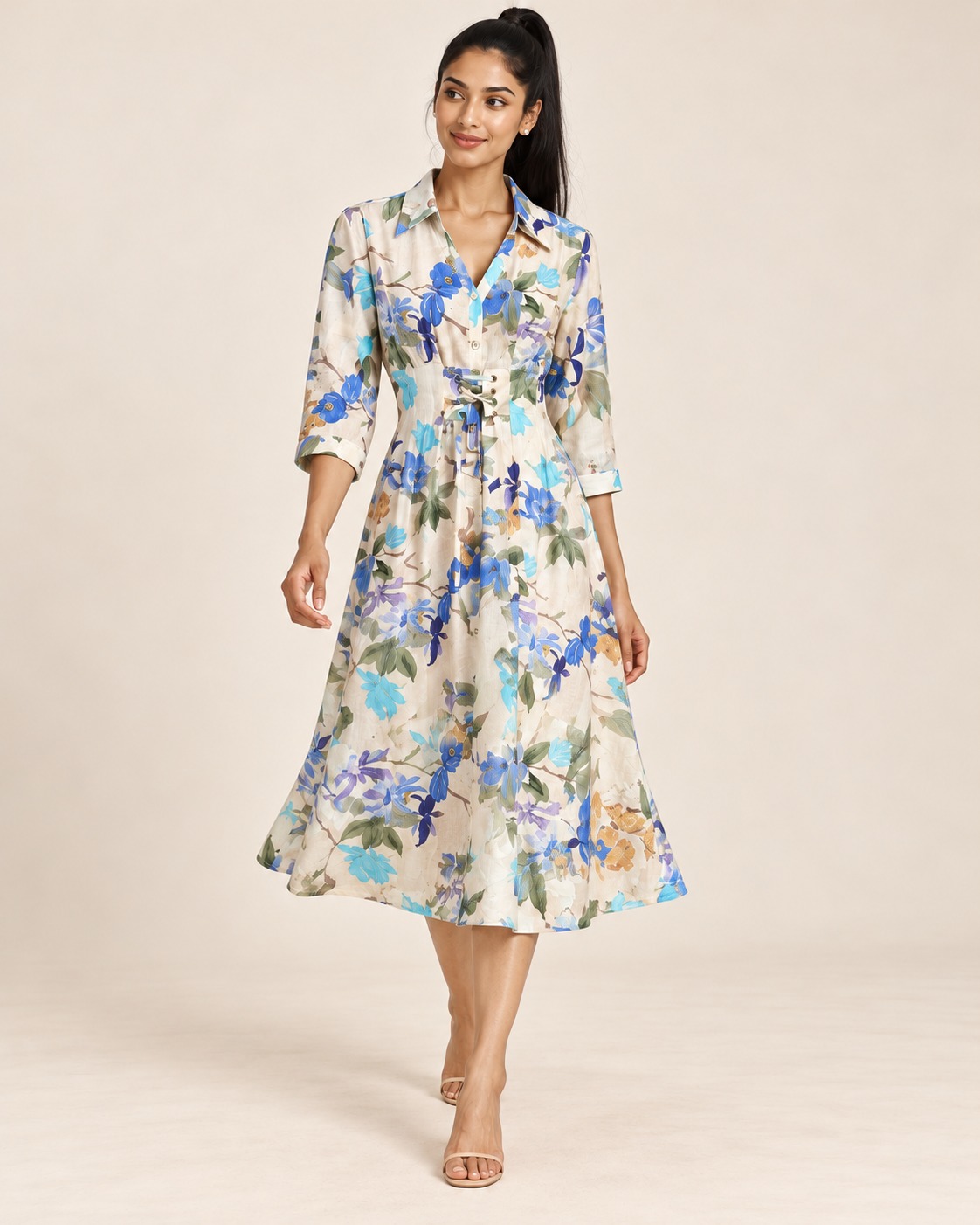 Women's Ivory Multicolour Floral Printed Lace-Up Waist Midi Dress