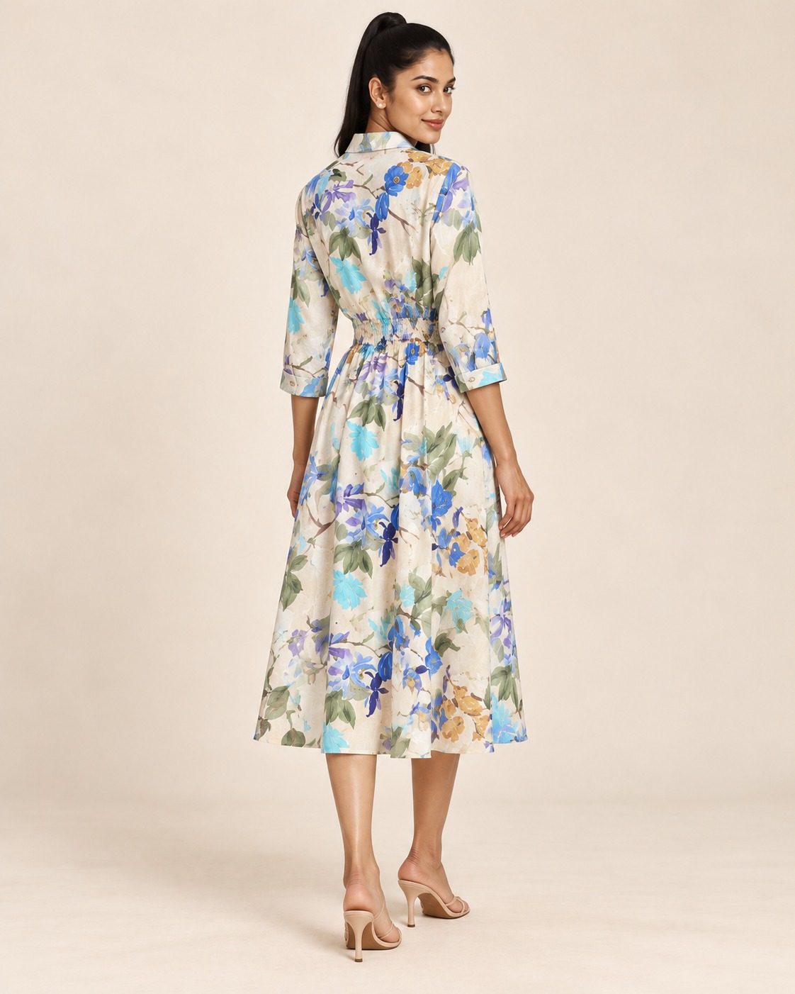Women's Ivory Multicolour Floral Printed Lace-Up Waist Midi Dress
