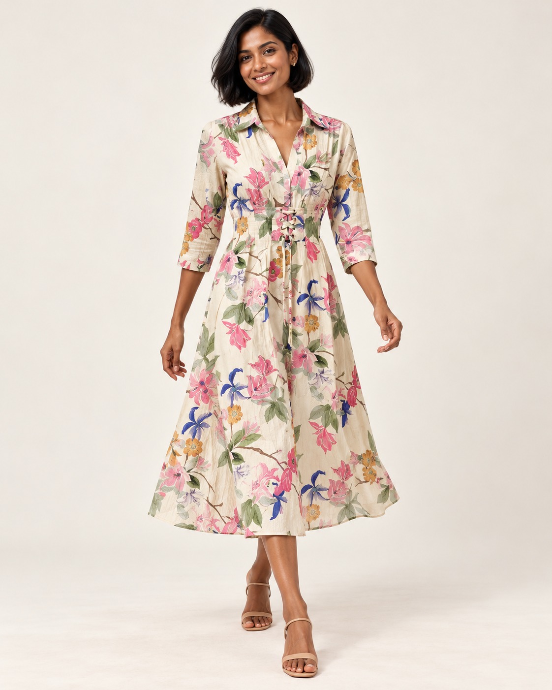 Women's Ivory Pink Multicolour Floral Printed Lace-Up Waist Midi Dress