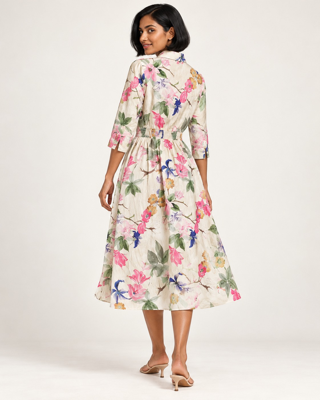 Women's Ivory Pink Multicolour Floral Printed Lace-Up Waist Midi Dress
