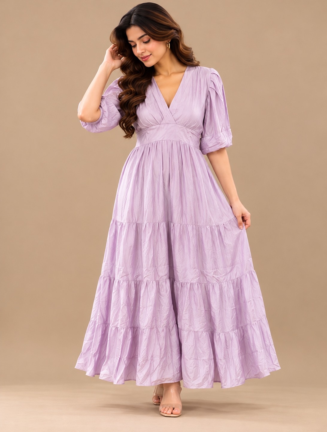 Women's Lavender V-Neck Puff Sleeve Tiered Flared Maxi Dress
