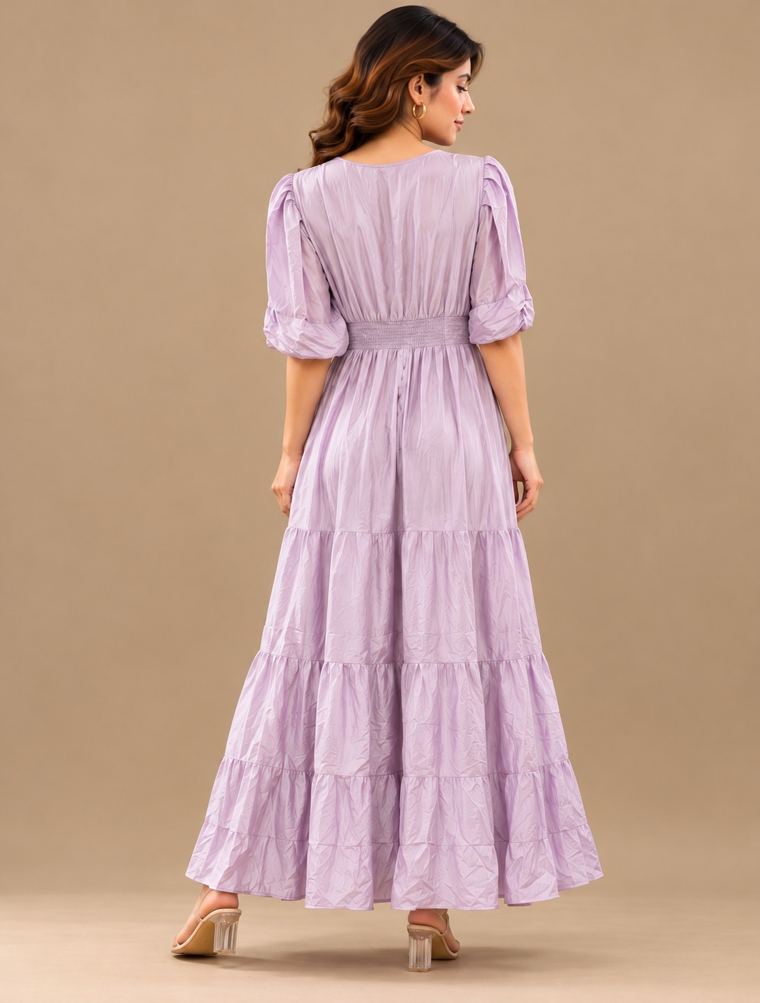 Women's Lavender V-Neck Puff Sleeve Tiered Flared Maxi Dress