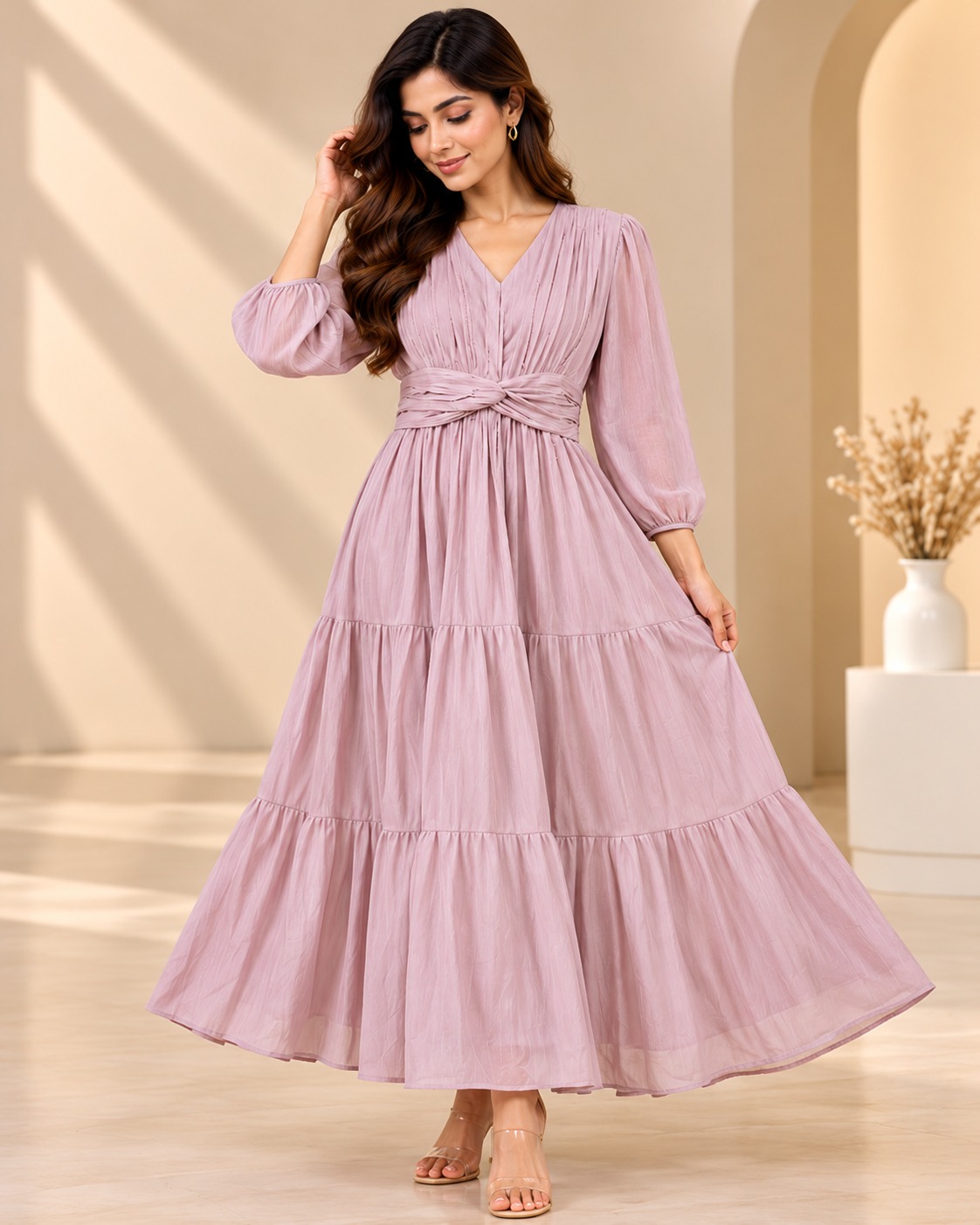AAVARI Women's Dusty Pink V-Neck Puff Sleeve Tiered Flared Maxi Dress