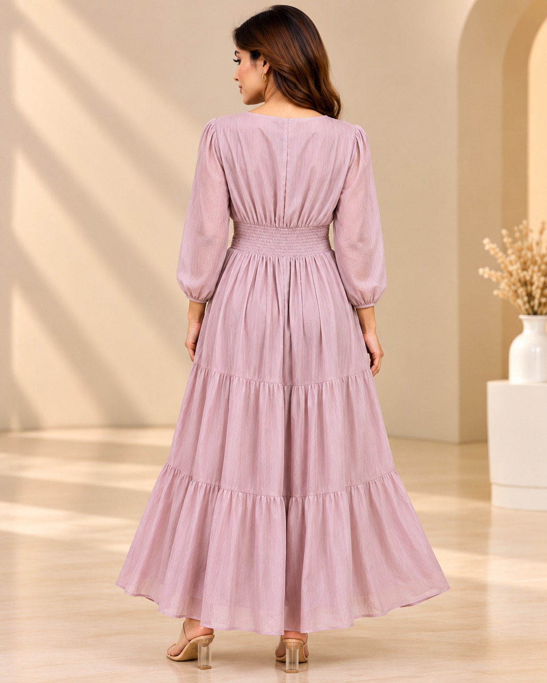 AAVARI Women's Dusty Pink V-Neck Puff Sleeve Tiered Flared Maxi Dress