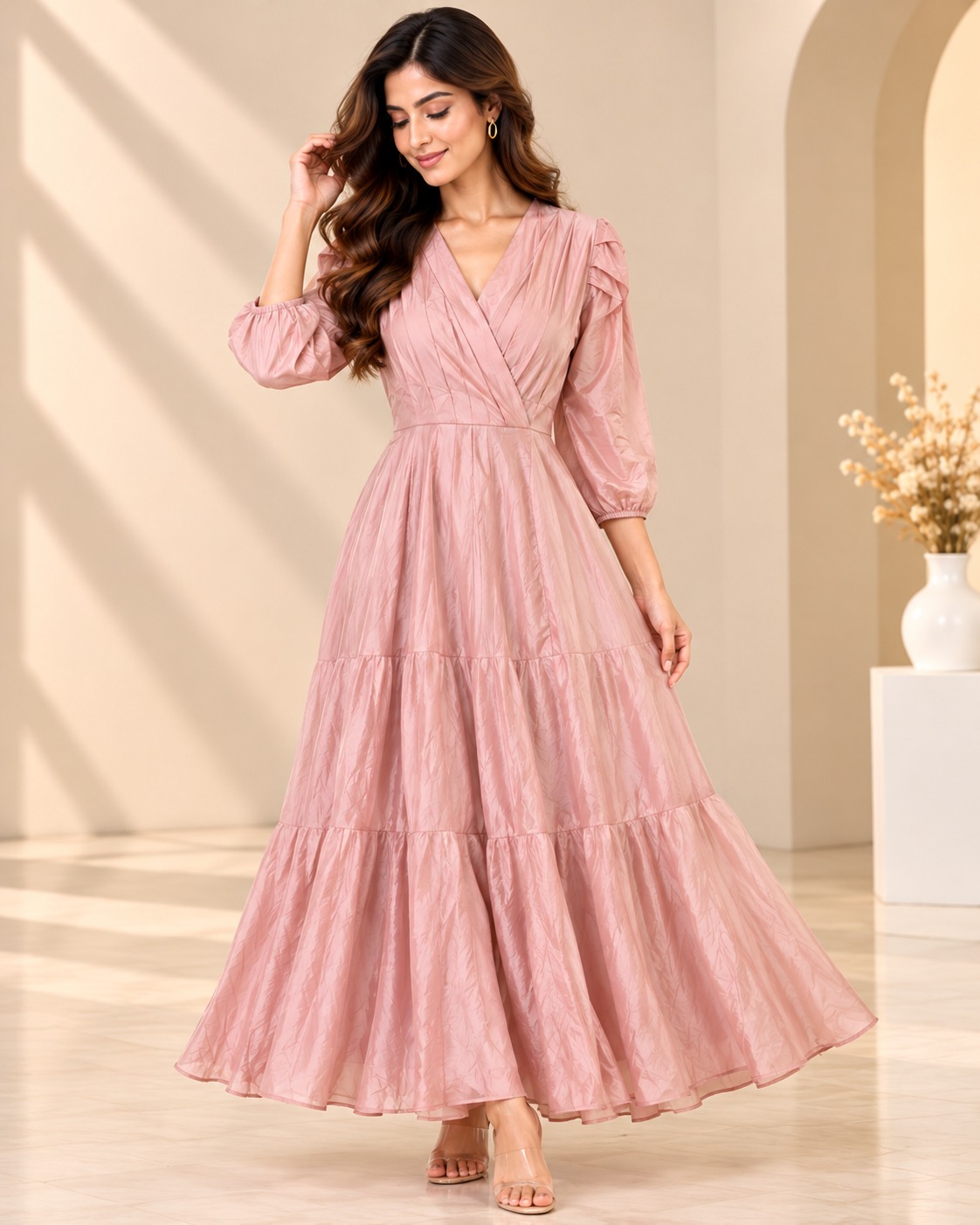 AAVARI Women's Blush Pink V-Neck Puff Sleeve Tiered Flared Maxi Dress