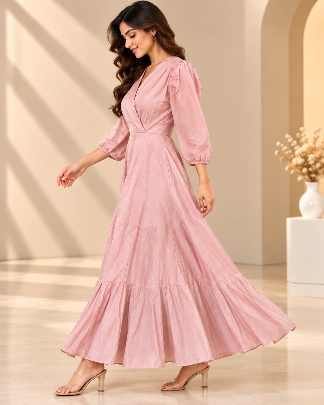 AAVARI Women's Blush Pink V-Neck Puff Sleeve Tiered Flared Maxi Dress