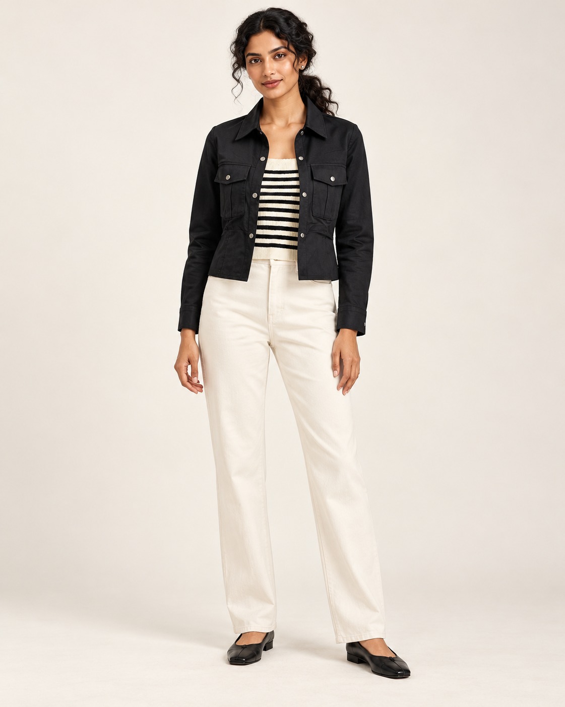 AAVARI Women's Black Solid Cropped Jacket with Full Sleeves & Flap Pockets
