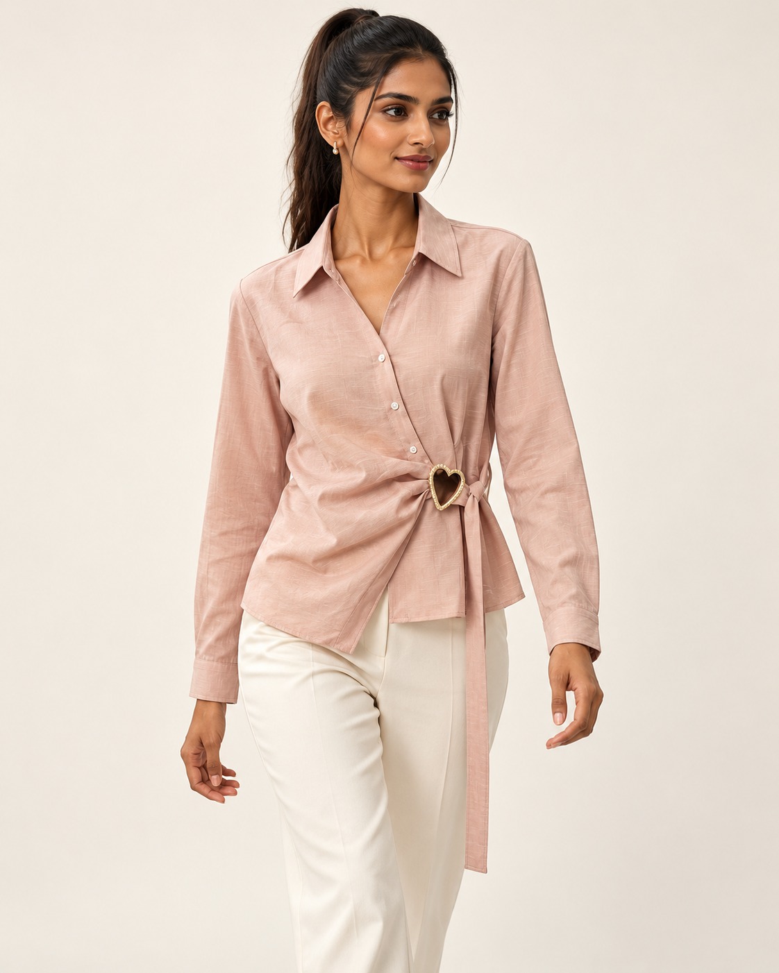 AAVARI Women's Dusty Pink Solid Shirt with Heart Buckle & Side Tie Detail