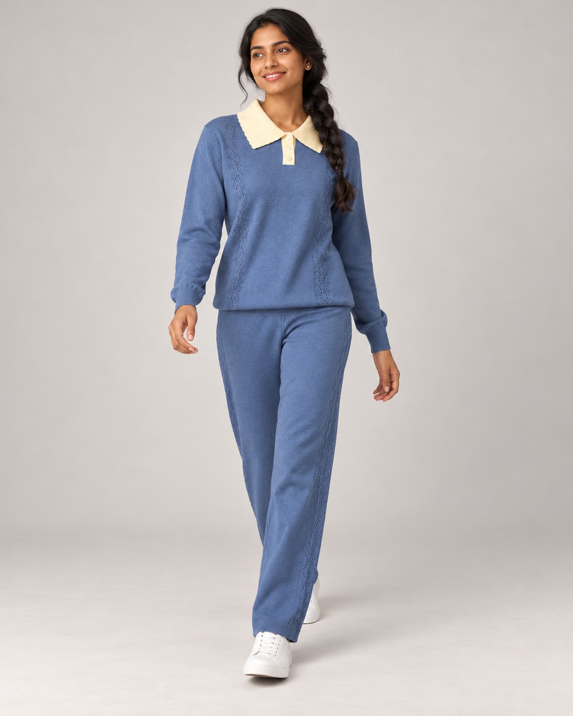 Women's Dusty Blue Knitted Co-Ord Set with Cream Collar & Textured Detailing